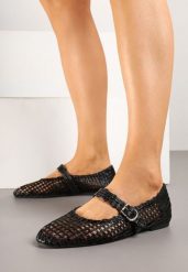 Czarne Ażurowe Balerinki w Stylu Mary Jane z Plecioną Cholewką Deraelle. Czarne baleriny Renee, w ażurowe wzory, eleganckie, bez obcasa, na płaskiej podeszwie, bez zapięcia. Za 69.99 zł.