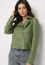 Zielona Kurtka w Stylu Ramoneski z Ozdobnymi Napami Zolvezia. Zielone kurtki Born2be, l, bez wzorów, z jeansu, eleganckie, bez kaptura. W wyprzedaży za 125.99 zł.
