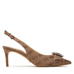 Sandały Guess. Brązowe sandały Guess, z aplikacjami, bez obcasa, na szpilce, bez zapięcia. Za 689.99 zł.