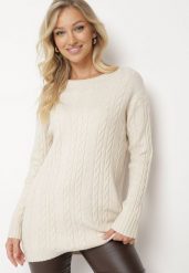 Jasnobeżowy Sweter z Wiskozą i Bawełną Ozdobiony Tłoczeniem Vianira. Brązowe swetry Born2be, l, z aplikacjami, z bawełny, eleganckie, bez ramiączek. W wyprzedaży za 84.99 zł.