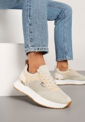 Beżowe Sneakersy z Siateczkową Cholewką Saramis. Brązowe buty sportowe lifestyle Renee, bez wzorów, z jeansu, sportowe, bez zapięcia. W wyprzedaży za 83.99 zł.