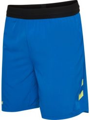Spodenki treningowe Hummel Blaze Pro. Niebieskie szorty sportowe Hummel, bez wzorów, z materiału, z standardowym stanem, na fitness i siłownię. Za 98.50 zł.