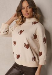Jasnobeżowy Sweter z Wiskozą i Modalem Ozdobiony Sercami Zeanisia. Brązowe swetry Renee, l, bez wzorów, z jeansu, casualowe, bez ramiączek. W wyprzedaży za 95.99 zł.