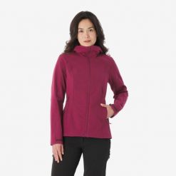 Kurtka turystyczna damska Softshell Forclaz MT500. Czarne kurtki przejściowe sportowe FORCLAZ, l, bez wzorów, z polaru, bez kaptura, trekkingowe. Za 249.99 zł.