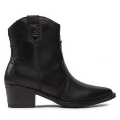 Kowbojki Tamaris. Czarne botki Tamaris, bez wzorów, bez obcasa, na słupku, bez zapięcia. Za 379.99 zł.