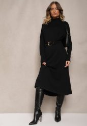 Czarna Pudełkowa Sukienka Sweterkowa z Wiskozą i Golfem Rinnine. Czarne sukienki Renee, na co dzień, bez wzorów, z wiskozy, eleganckie, bez kołnierzyka, bez ramiączek, maxi. W wyprzedaży za 87.99 zł.