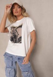 Biały Bawełniany T-shirt z Brokatem i Nadrukiem Nalamis. Białe t-shirty Renee, m, z aplikacjami, z bawełny, eleganckie, bez kołnierzyka, bez ramiączek. W wyprzedaży za 31.99 zł.