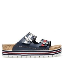 Klapki Rieker. Niebieskie klapki Rieker, bez wzorów, bez obcasa, bez zapięcia. Za 249.99 zł.