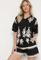 Czarny Komplet w Stylu Rustykalnym Koszula i Szorty Tosmire. Czarne koszule Born2be, m, bez wzorów, z tkaniny, eleganckie, bez kołnierzyka, bez ramiączek. Za 109.99 zł.