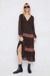 Pepe Jeans sukienka kolor brązowy midi rozkloszowana. Brązowe sukienki Pepe Jeans, l, bez wzorów, z jeansu, bez kołnierzyka, bez ramiączek, midi, rozkloszowane. W wyprzedaży za 383.99 zł.