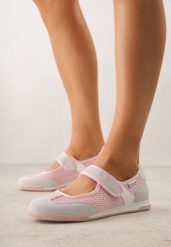 Różowe Tenisówki w Stylu Balerinek z Napisem Emitanela. Czerwone baleriny Born2be, bez wzorów, z jeansu, sportowe, bez obcasa, bez zapięcia. Za 84.99 zł.