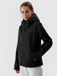 4F Kurtka softshell wiatroodporna membrana 5000 damska - czarna XS. Czarne kurtki 4f, na jesień, m, bez wzorów, z dzianiny, z kapturem, rowerowe, windstopper. W wyprzedaży za 139.99 zł.