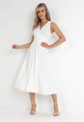 Biała Sukienka Midi Bez Rękawów z Plisowanym Dołem Dreana. Białe sukienki Born2be, na imprezę, l, bez wzorów, eleganckie, bez kołnierzyka, bez ramiączek, midi, plisowane. W wyprzedaży za 146.99 zł.
