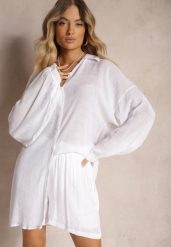 Biały Komplet 2-Częściowy Koszula z Kołnierzykiem Szorty Umidia. Białe koszule Renee, uniwersalny, bez wzorów, z bawełny, eleganckie, bez kołnierzyka, bez ramiączek. Za 129.99 zł.