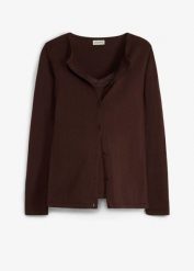 Kardigan ciążowy 2 w 1, z funkcją do karmienia. Brązowe swetry bonprix, bez wzorów, z koronki, moda ciążowa, bez ramiączek. Za 119.99 zł.