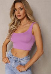 Fioletowy Tank Top z Elastycznej Bawełny z Głębokim Dekoltem Omaliana. Fioletowe topy Renee, l, bez wzorów, z bawełny, bez kołnierzyka, bez ramiączek. W wyprzedaży za 15.99 zł.