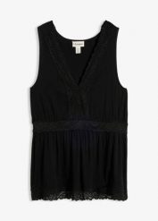 Top z koronką. Czarne topy bonprix, bez wzorów, z koronki, eleganckie, bez kołnierzyka, bez ramiączek. Za 37.99 zł.