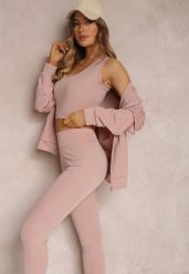 Jasnoróżowy Komplet Dresowy 3-częściowy z Legginsami Bluzą i Topem Heri. Czerwone bluzy Renee, l, bez wzorów, z dresówki, z kapturem, na fitness i siłownię. Za 79.99 zł.