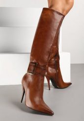 Brązowe Kozaki na Szpilce z Metaliczną Klamrą Evelinna. Brązowe kozaki Renee, bez wzorów, eleganckie, bez obcasa, na obcasie, bez zapięcia. Za 179.99 zł.