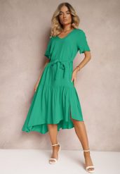 Ciemnozielona Pudełkowa Sukienka z Falbankami i Materiałowym Paskiem w Talii Dimrias. Zielone sukienki Renee, l, bez wzorów, z materiału, bez kołnierzyka, bez ramiączek, midi. Za 59.99 zł.