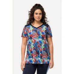 Damskie Bluzka funkcyjna trapezowy krój dekolt w serek rękaw 1/2. Niebieskie t-shirty sportowe Ulla Popken, plus size, bez wzorów, z materiału, bez ramiączek. Za 223.99 zł.