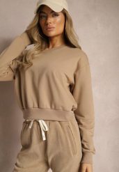 Ciemnobeżowa Bluza z Bawełną ze Ściągaczami przy Rękawach i w Pasie Alberia. Brązowe bluzy Renee, l, bez wzorów, z bawełny, casualowe, bez ramiączek, bez kaptura. W wyprzedaży za 23.99 zł.