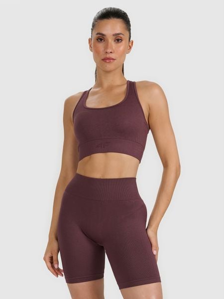 4F Biustonosz treningowy z niskim wsparciem damski - brązowy M/L. Brązowe biustonosze sportowe 4f, bez wzorów, z dzianiny, na fitness i siłownię. Za 99.99 zł.