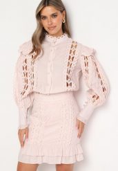 Różowy Ażurowy Komplet z Dodatkiem Bawełny Koszula z Perełkowymi Guzikami i Spódnica Leniyana. Czerwone koszule Born2be, m, w ażurowe wzory, z bawełny, eleganckie, bez kołnierzyka, bez ramiączek. Za 129.99 zł.