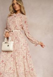 Jasnobeżowa Rozkloszowana Sukienka z Wiązaniem przy Szyi w Print Paisley Clarosa. Brązowe sukienki Renee, do pracy, l, bez wzorów, biznesowe, bez kołnierzyka, bez ramiączek, maxi, rozkloszowane. W wyprzedaży za 119.99 zł.