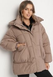 Ciemnobeżowa Pikowana Kurtka o Kroju Oversize z Kapturem Galandia. Brązowe kurtki Born2be, l, bez wzorów, z jeansu, eleganckie, z kapturem. Za 199.99 zł.