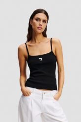 KARL LAGERFELD Сzarny damski top Ikon Patch Tank Top. Czarne topy KARL LAGERFELD, s, bez wzorów, bez kołnierzyka, bez ramiączek. W wyprzedaży za 339.99 zł.