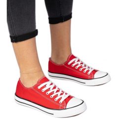 Czerwone klasyczne damskie trampki. Czerwone trampki bez wzorów, z materiału, biznesowe, bez zapięcia. Za 75.95 zł.