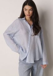 Niebieska Koszula o Kroju Oversize z Tencelu w Paski Ozdobiona Haftem Tidine. Niebieskie koszule Born2be, uniwersalny, bez wzorów, z jeansu, biznesowe, bez kołnierzyka, bez ramiączek. Za 84.99 zł.