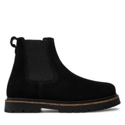 Sztyblety Birkenstock. Czarne botki Birkenstock, bez wzorów, bez obcasa, na płaskiej podeszwie, bez zapięcia. Za 439.99 zł.