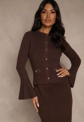Brązowy Elegancki Prążkowany Kardigan z Wiskozą Guzikami i Rozszerzanymi Rękawami Otila. Brązowe swetry Renee, s, bez wzorów, z jeansu, eleganckie, bez ramiączek. Za 109.99 zł.