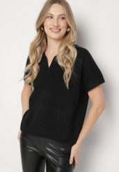 Czarny Sweter z Wełną z Krótkim Rękawem i Kołnierzykiem Tevalina. Czarne swetry Born2be, uniwersalny, bez wzorów, z jeansu, eleganckie, bez ramiączek. Za 129.99 zł.