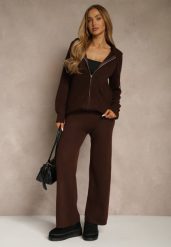 Brązowy Komplet z Wełną i Bawełną Rozpinana Bluza z Kapturem i Szerokie Spodnie Reisema. Brązowe bluzy Renee, m, bez wzorów, z bawełny, z kapturem. Za 139.99 zł.