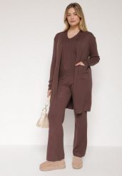 Brązowy Komplet Dzianinowy z Bawełną Spodnie Kamizelka i Długi Kardigan Meviravia. Brązowe swetry Born2be, bez wzorów, z bawełny, eleganckie, bez ramiączek. Za 139.99 zł.