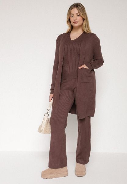Brązowy Komplet Dzianinowy z Bawełną Spodnie Kamizelka i Długi Kardigan Meviravia. Brązowe swetry Born2be, bez wzorów, z bawełny, eleganckie, bez ramiączek. Za 139.99 zł.