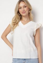 Biała Bluzka Bawełniana z Haftowaną Falbanką Przy Ramionach Lorabis. Białe bluzki Born2be, l, z aplikacjami, z bawełny, eleganckie, bez kołnierzyka, bez ramiączek. W wyprzedaży za 38.24 zł.