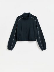 Bluza z kontrastową lamówką - granatowy. Niebieskie bluzy Reserved, l, bez wzorów, z dzianiny, bez ramiączek, bez kaptura. Za 139.99 zł.