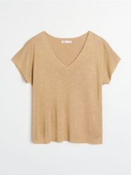 Bluzka z domieszką wiskozy - beżowy. Brązowe bluzki Sinsay, l, bez wzorów, z wiskozy, bez kołnierzyka, bez ramiączek. Za 39.99 zł.