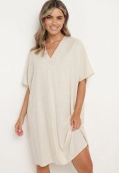 Beżowa Bawełniana Sukienka o Pudełkowym Kroju z Dekoltem w Serek Vikonia. Brązowe sukienki Born2be, na co dzień, plus size, bez wzorów, z bawełny, eleganckie, bez kołnierzyka, plus size, bez ramiączek, midi. Za 109.99 zł.