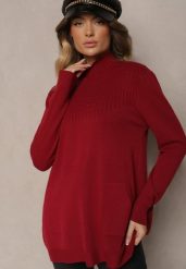 Bordowy Sweter Półgolf z Bawełną i Kieszenią z Przodu Emittes. Czerwone swetry Renee, l, bez wzorów, z bawełny, eleganckie, bez ramiączek. W wyprzedaży za 79.99 zł.