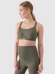 4F Biustonosz ciążowy treningowy ułatwiający karmienie damski - khaki XS. Brązowe biustonosze sportowe 4f, bez wzorów, z dzianiny, na fitness i siłownię. W wyprzedaży za 69.99 zł.