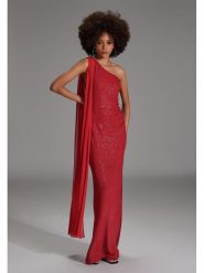 SWING Sukienka w kolorze czerwonym rozmiar: 44. Czerwone sukienki Swing, z aplikacjami, bez kołnierzyka, bez ramiączek, maxi. Za 284.82 zł.