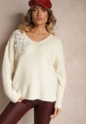 Jasnobeżowy Sweter z Wełną Ozdobiony Cekinami i Kwiatami 3D Calimi. Brązowe swetry Renee, na zimę, l, z aplikacjami, z jeansu, casualowe, bez ramiączek. Za 79.99 zł.