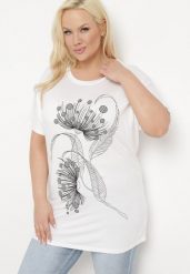 Biały T-shirt z Ozdobnym Nadrukiem i Cyrkoniami Colilena. Białe t-shirty Born2be, uniwersalny, bez wzorów, eleganckie, bez kołnierzyka, bez ramiączek. Za 59.99 zł.