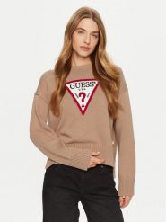 Guess Jeans Sweter W4BR12 Z3HM1 Brązowy Regular Fit. Brązowe swetry Guess Jeans, l, z aplikacjami, z bawełny, bez ramiączek. Za 219.99 zł.