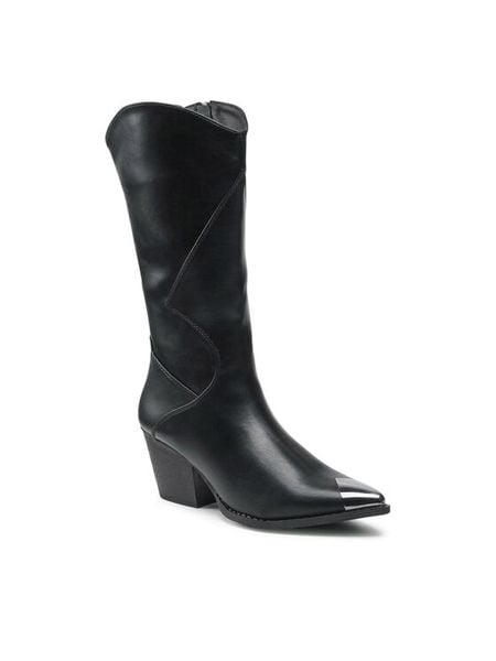 DeeZee Kozaki WS19271-05 Czarny. Czarne kozaki DeeZee, bez wzorów, ze skóry, bez obcasa, na słupku, bez zapięcia. Za 119.99 zł.